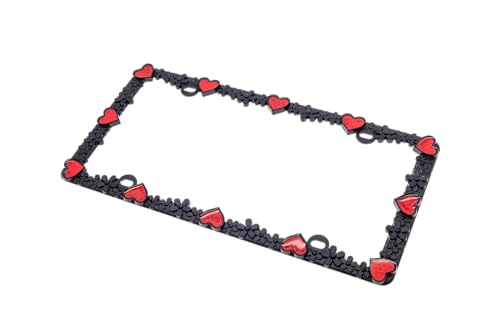 Creathome 3D Daisy Heart License Plate Frame from Pure Zinc Alloy Metal Perfect Plate Holder, Matt Black Daisy with Red Reflective Heart - color: Matt Black with Red Reflective Heart