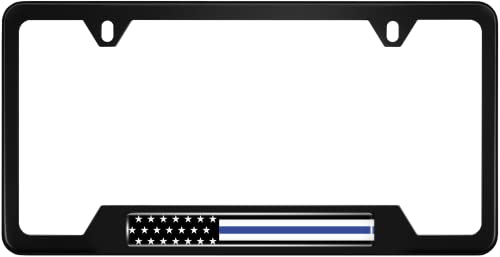 Stainless Steel Matte Black CAR 2-Hole Standard Size - Domed Custom-Made Corrosion-Resistant License Plate Frame with Thin Blue Line USA Flag Design and Free caps - (Qty: 1 Frame) - size: Thin Blue Line U.S. Flag