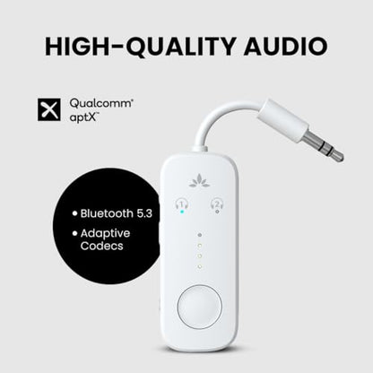 Avantree Relay - Premium Airplane Bluetooth Adapter with Advanced Qualcomm Chipset, 2 Headphones Support, 25hrs Play Time, aptX Adaptive & HD Audio Transmitter for Airpods, Bose & Travel Flight - color: 2-White