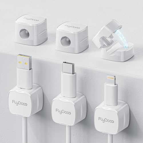 6 Pack Magnetic Cord Organizer, FlyCoco Cable Management Clips for Desk Phone Charging Cable Storage Holder, Cable Clips Organizer for Office Desk Kitchen Table Corner Wall Or Car Dashboard (White) - color: white