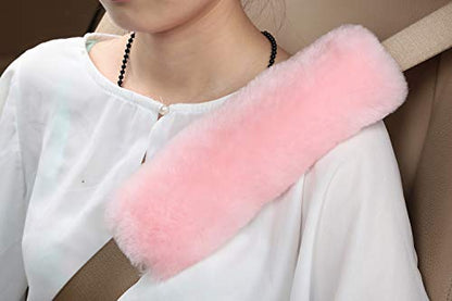 U&M 2 Pack Genuine Sheepskin Auto Seat Belt Cover for Adult Youth Kid Toddlers -Soft Warm Car, Truck, SUV, Camera Backpack Strap Shoulder Pad Wool Fluffy - color: pink