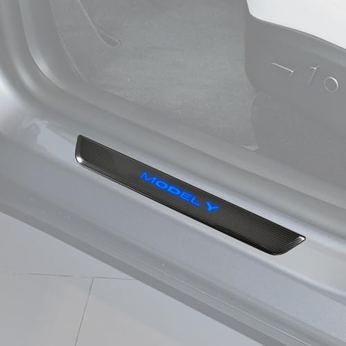 KEWISAUTO Door Sill Cover Protector with LED Light for Model Y, Pedal Pathway Lights Door Welcome Courtesy Pedal Mood Light for 2020-2024 Tesla Model Y Accessories (Carbon Fiber Style) - 4PCS