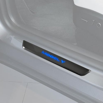KEWISAUTO Door Sill Cover Protector with LED Light for Model Y, Pedal Pathway Lights Door Welcome Courtesy Pedal Mood Light for 2020-2024 Tesla Model Y Accessories (Carbon Fiber Style) - 4PCS