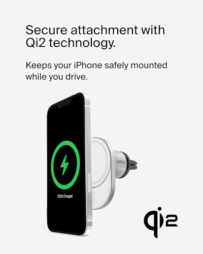 Belkin MagSafe-Compatible Wireless Car Charger 15W, Fast Charging Wireless Charger - Powerful Magnetic Vent Holder for iPhone 17, 16, 15, 14, 13 Series, Pixel 10, Secure Car Phone Mount - White - style: Charging Mount - New Model