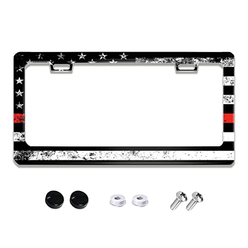 Red Line Flag Firefighters License Plate Frame Stainless Steels Car Tag Holder Frames with 2 Holes and Screws 12 x 6 Inch Decoration for US Vehicles Standard for Women Men - color: Red Line Flag Firefighters