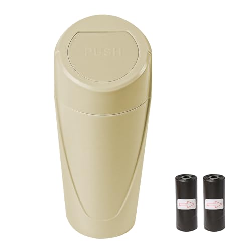 Hovom Mini Car Trash Can with Lid, Portable Garbage Can for Car, Leakproof Cup Holder Automotive Garbage Bin with 2 Rolls of Trash Bags, Small Trash Storage Can for Car Home Office(Beige) - color: Beige