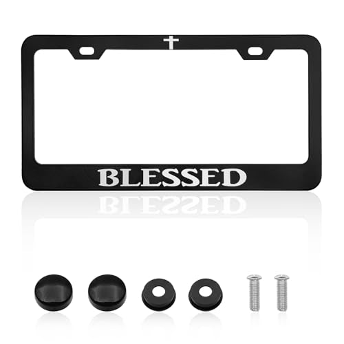 Funny Blessed Christian Black License Plate Frame with Humor Texts for Jesus God Auto Car - Heavy Cover Tag Holder Decoration with 2 Holes and Screws for Women Men 12 x 6 Inch - size: Blessed Christian