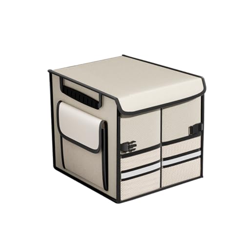 HZEL Car Trunk Organizer with Lid, Foldable Slip Resistant Multi-Compartment Vehicle Cargo Storage Box, Collapsible Waterproof Automotive Trunk Organizer, Universal for SUV Van Truck (Beige)