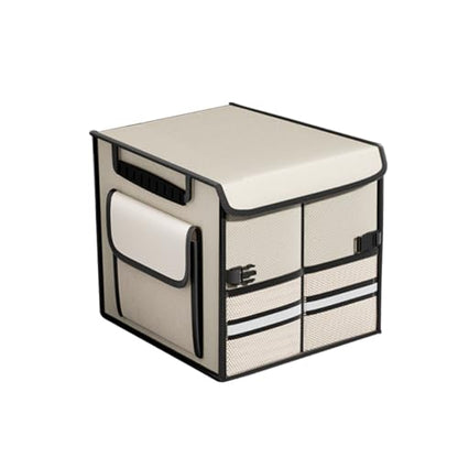 HZEL Car Trunk Organizer with Lid, Foldable Slip Resistant Multi-Compartment Vehicle Cargo Storage Box, Collapsible Waterproof Automotive Trunk Organizer, Universal for SUV Van Truck (Beige)