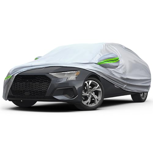 KEYOOG 6-layer Full Car Cover Is All-weather Waterproof, Universal In All Seasons, Snow Prevention, Rainproof, Acid Rainproof, Sunscreen, Ultraviolet-proof, Universally Applicable To Sedan (165"-182") - color: Green reflective strip, size: 1/ J-S For Seda