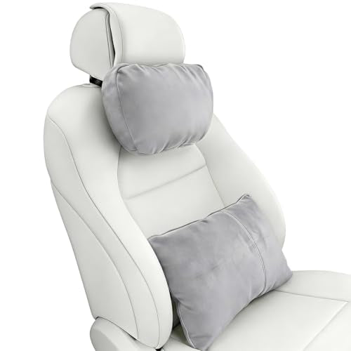 2PCS Car Pillow for Car Neck Pillow for Driving Seat Neck Support Soft Cushion Back Support Head-Rests for Vehicle Sleeping with Elastic Adjustment Strap (Grey, Head and Lumbar) - color: Grey, size: Head and Lumbar