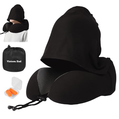 Travel Neck Pillow with 100% Light-Blocking Hood – Ergonomic Memory Foam Support Pillow for Airplane, Long Flights, Road Trips, Office and Car, Full Head and Neck Support with Skin-Friendly Cover - color: Black With Hood