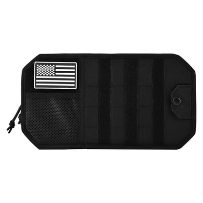 Car Sun Visor Organizer with Zipper Storage Pouch & Glasses Clip – Semi-Rigid MOLLE Panel with Patch – Universal Fit for Vehicles, SUVs, Trucks(Black)