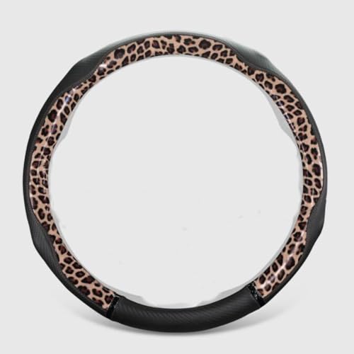Peach Wood Grain Steering Wheel Cover Anti-Slip Breathable Durable Leather Four Seasons Universal 15 Inch Car Wrap Cover (Leopard-Coffee) - color: Leopard-Coffee