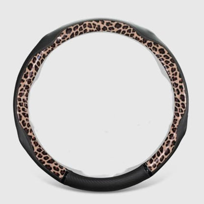 Peach Wood Grain Steering Wheel Cover Anti-Slip Breathable Durable Leather Four Seasons Universal 15 Inch Car Wrap Cover (Leopard-Coffee) - color: Leopard-Coffee