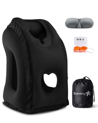 Sunany Travel Pillow, Inflatable Neck Pillow Used for Airplanes/Cars/Buses/Trains/Office Napping with Eye Mask/Earplugs (Balck) - color: Black