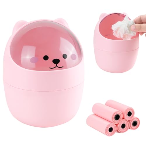 Mini Trash Can, Cute Small Trash Can with Lid, Desktop Paper Bin with 5 Rolls of Bin Liners, Portable Tabletop Dustbin, Cartoon Animal Rubbish Storage for Office Bedroom Desk Car Kitchen(Pink) - color: Pink