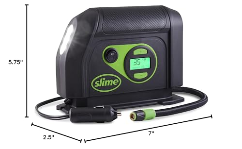 Slime 40088 Tire Inflator, Portable Car Air Compressor, Inflate Right automatic shut off, with Digital 99 psi Display, Long Hose and LED Light, 12V, 6 min inflation - style: Digital