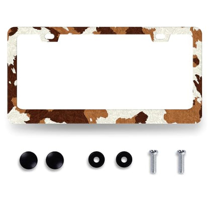 Brown White Cows Print License Plate Frame Animals Texture License Plate Holders Funny Stainless Steel Car Bracket 2 Hole with Screws Universal Auto Accessory License Plate Frames 6.2x12.2 Inch - color: Animals Brown White Cow Print