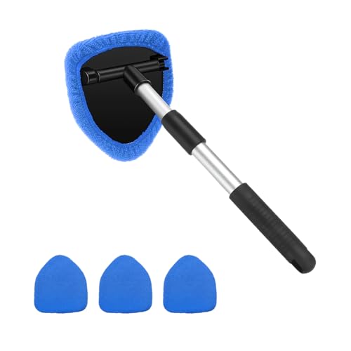 Car Windshield Cleaner Tool, Vehicle Window Detailing Cleaning Kit with Extendable Handle & 4 Washable Microfiber Pad, Auto Glass Wiper Cleaner for Exterior & Interior, Universal Fit (Blue) - color: Blue