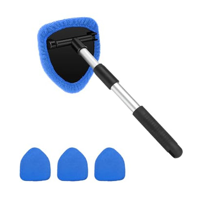 Car Windshield Cleaner Tool, Vehicle Window Detailing Cleaning Kit with Extendable Handle & 4 Washable Microfiber Pad, Auto Glass Wiper Cleaner for Exterior & Interior, Universal Fit (Blue) - color: Blue