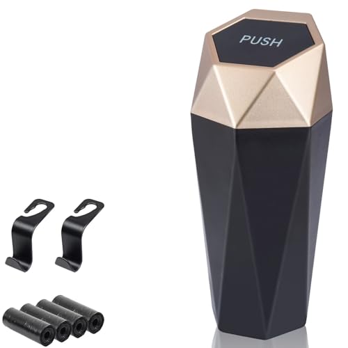 BFXM Car Trash Can, Car Trash Bin with Lid, Car Accessories for Women Interior, Car Garbage Can with Additional 2 ABS Hooks and 60pcs Trash Bags, Suitable for Home, Office, Car Organizer, Gold - color: GOLD 1PC