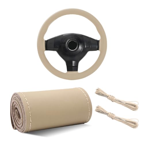 Yourkar Leather Steering Wheel Cover, 15"×15" Breathable Steering Wheel Cover DIY Kit with Needle Thread, Non-Slip Leather Stitch on Wrap Steering Wheel Protector, Car Accessories (Beige) - color: Beige, size: Glossy Finish