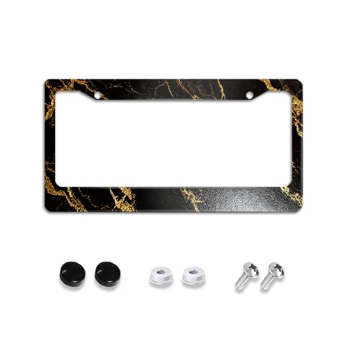 Marble Black Golden Yellow License Plate Cover Frames Holder Car Accessories for Women, Aluminum Car Tag Frame Decoration Accessory with 2 Holes and Screws 12" X 6" for US Vehicle Standard for Men - color: Black Golden Marble