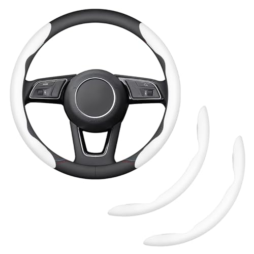 2-Piece Steering Wheel Cover, Carbon Fiber Segmented Steering Wheel Protector, Universal and Anti-Slip Durable Car Leather Protective Cover, Car Interior Accessories for Women and Men (White) - color: White
