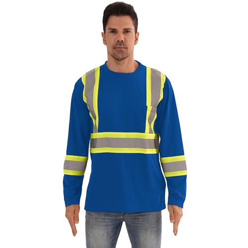 High Visibility Class 3 Shirts，Hi Vis Safety Long Sleeve Quick Dry Mesh Construction Work - color: Blue, size: Large