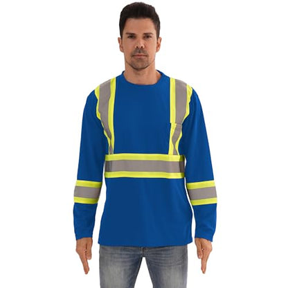 High Visibility Class 3 Shirts，Hi Vis Safety Long Sleeve Quick Dry Mesh Construction Work - color: Blue, size: Large