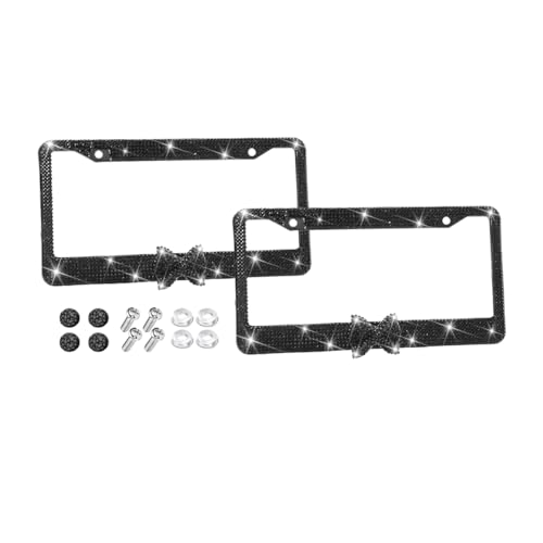 Bling Car License Plate Frame for Women, 2PCS Crystal Rhinestone Stainless Steel Vehicle Plate Holder, Glitter Diamond Sparkly Auto Plate Cover Accessories, Universal Fit (Black/Black Bow) - color: Black/Black Bow