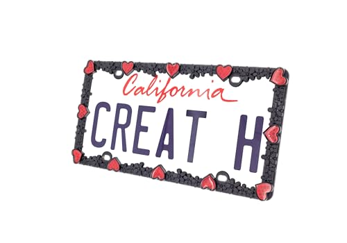 Creathome 3D Daisy Heart License Plate Frame from Pure Zinc Alloy Metal Perfect Plate Holder, Matt Black Daisy with Red Reflective Heart - color: Matt Black with Red Reflective Heart