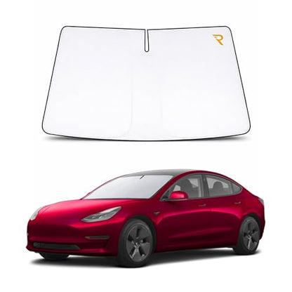 RevLux Car Windshield Sun Shade SUV & Sedan – UPF 2000+ Sun Protection & 99.95% UV Blocking Ice-Core Cooling Fabric | Zero Light Leakage Black Glue Layer | Heat Insulation Car Sun Shade (55"x35") - size: Tesla – EV Fit (55"x35")