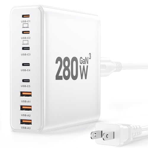 280W USB C Charger Block, 8-Port USB C Charging Station GaN III PD 65W Laptop Charger Adapter Compatible with MacBookPro/Air,DELL,iPad,Portable Charging Station for iPhone,Samsung Galaxy (White) - color: White