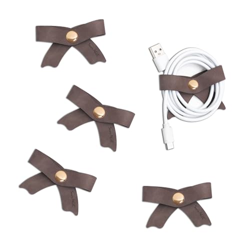 SenseAGE 5 Pack Cord Organizer, Bow Cord Keeper, Cable Organizer USB Holder, Leather Cable Management, Cable Straps, Earphone Winder, Storage Straps for Electronics, Earbuds (Choco Brown, Big) - color: Choco Brown, size: Big