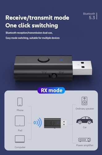 5.3 transceiver 2-in-1 BT Receiver, USB Bluetooth Adapter,Wireless Audio Adapter, Low Latency, Power by USB for PC Home/Car Sound System