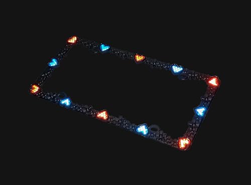 Creathome 3D Daisy Heart License Plate Frame from Pure Zinc Alloy Metal Perfect Plate Holder, Matt Black Daisy with Red and Blue Reflective Heart - color: Matt Black with Blue and Red Reflective Heart
