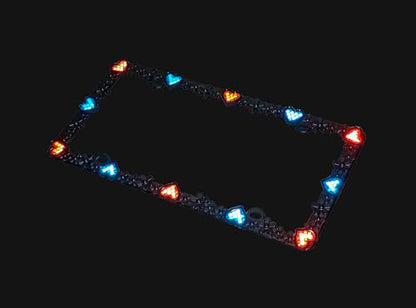 Creathome 3D Daisy Heart License Plate Frame from Pure Zinc Alloy Metal Perfect Plate Holder, Matt Black Daisy with Red and Blue Reflective Heart - color: Matt Black with Blue and Red Reflective Heart