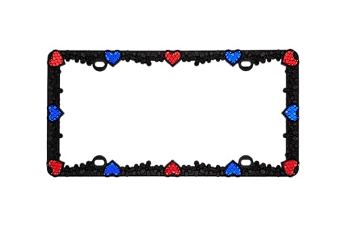Creathome 3D Daisy Heart License Plate Frame from Pure Zinc Alloy Metal Perfect Plate Holder, Matt Black Daisy with Red and Blue Reflective Heart - color: Matt Black with Blue and Red Reflective Heart