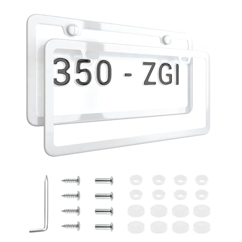White License Plate Frame - 2-Hole Sleek Style, Stainless Steel, Premium Metal Durability, Easy Install, 2-Pack Gift Box - Matte Painted Finish - color: White(Most Pure)