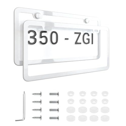 White License Plate Frame - 2-Hole Sleek Style, Stainless Steel, Premium Metal Durability, Easy Install, 2-Pack Gift Box - Matte Painted Finish - color: White(Most Pure)