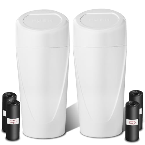 Car Trash Can with Lid-2Pack, Leakproof Garbage Can with 80 Attached Trash Bags, Mini Essential Car Accessories for Interior for Car, Home, Office（White） - color: 2Pack White