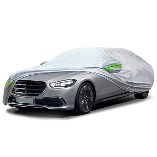 KEYOOG Sedan Car Cover, 6-Layer All-Weather Waterproof, Heavy Outdoor Car Cover, Universal in All Seasons, Snow Protection, Acid Rainproof, Sunscreen, Universally Fit to Sedan (206"-216")- Silvery - color: Green reflective strip, size: 5/ J-XXL For Sedan-