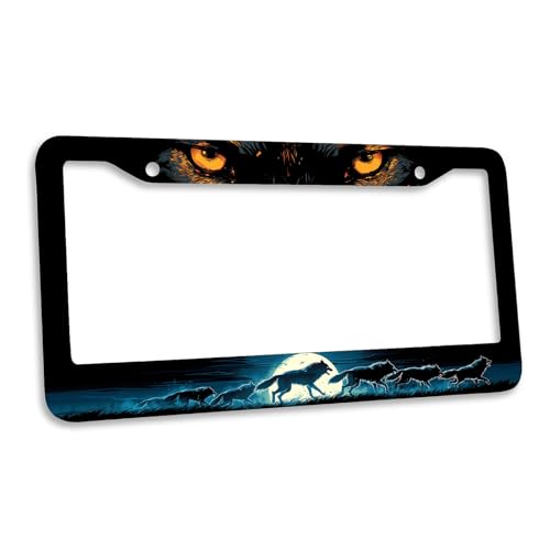 Wolf License Plate Frame Wolf Pack Moon Ferocious Animal License Plate Personalise Stainless Steel Funny Design Compatible with Standard License Plate Holder for USA and Canada 12.2" X 6.2" - color: Wolf_30