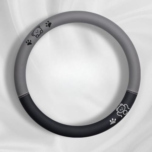 15 Inches Universal Round Leather Car Steering Wheel Cover, Cute Bear Soft Breathable Non-Slip Steering Wheel Protector Wrap (Grey) - color: Grey