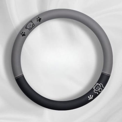 15 Inches Universal Round Leather Car Steering Wheel Cover, Cute Bear Soft Breathable Non-Slip Steering Wheel Protector Wrap (Grey) - color: Grey