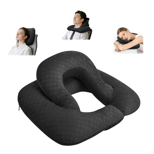 Double Layer Neck Pillow - Ergonomic Desk Headrest, Lumbar Support, Seat Cushion & Travel Pillow for Office Chair, Recliner & Car (Plaid Black, 15.7x11.8x6.3 inches) - color: Black