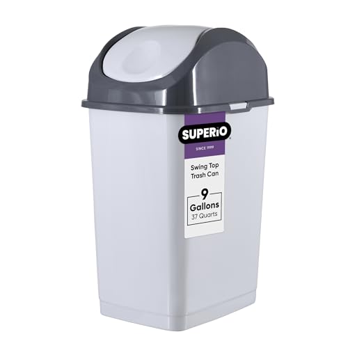 Superio Kitchen Trash Can with Swing Top Lid 9 Gallon Slim Waste Bin 37 Qt Sturdy Plastic Garbage Can Medium Recycling Bin for Office, Bathroom, Under Counter, Dorm, Bedroom (Smoke White/Grey, 2) - size: 9 Gallon, style: 2 Pack