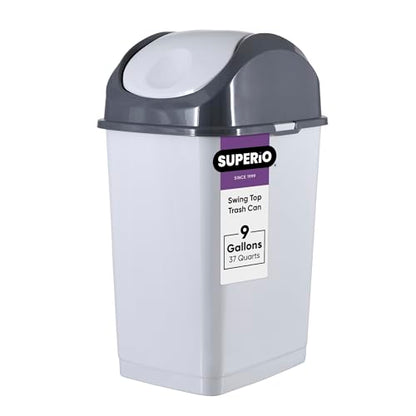 Superio Kitchen Trash Can with Swing Top Lid 9 Gallon Slim Waste Bin 37 Qt Sturdy Plastic Garbage Can Medium Recycling Bin for Office, Bathroom, Under Counter, Dorm, Bedroom (Smoke White/Grey, 2) - size: 9 Gallon, style: 2 Pack